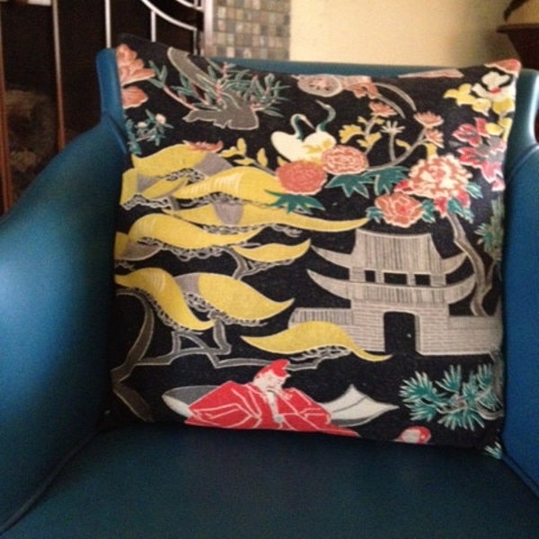 Vintage 1940s Barkcloth Pillow Asian Theme Black Yellow Green Brown Birds Pagoda Mid Century