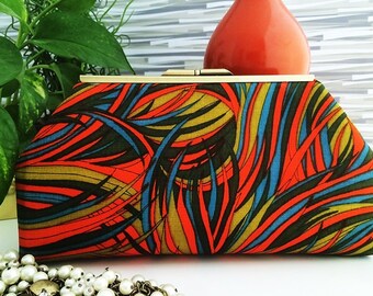 Clutch Swirls Teal Orange Olive with Silk Lining