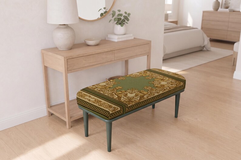 Patchwork pattern ottoman bench, perfect for guest room, summer porch, solid wood frame design afbeelding 6