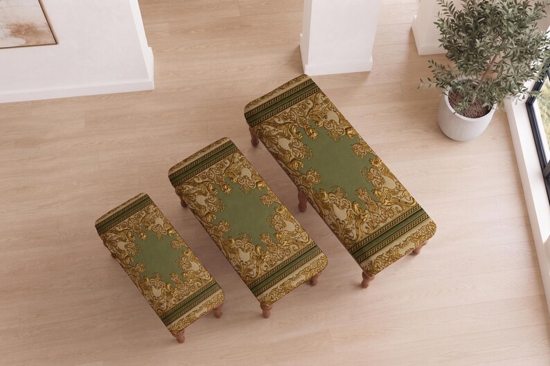 Patchwork pattern ottoman bench, perfect for guest room, summer porch, solid wood frame design afbeelding 5