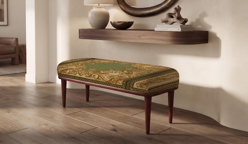 Patchwork pattern ottoman bench, perfect for guest room, summer porch, solid wood frame design afbeelding 11