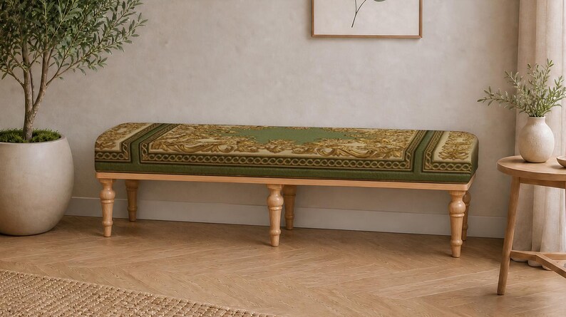 Patchwork pattern ottoman bench, perfect for guest room, summer porch, solid wood frame design afbeelding 8