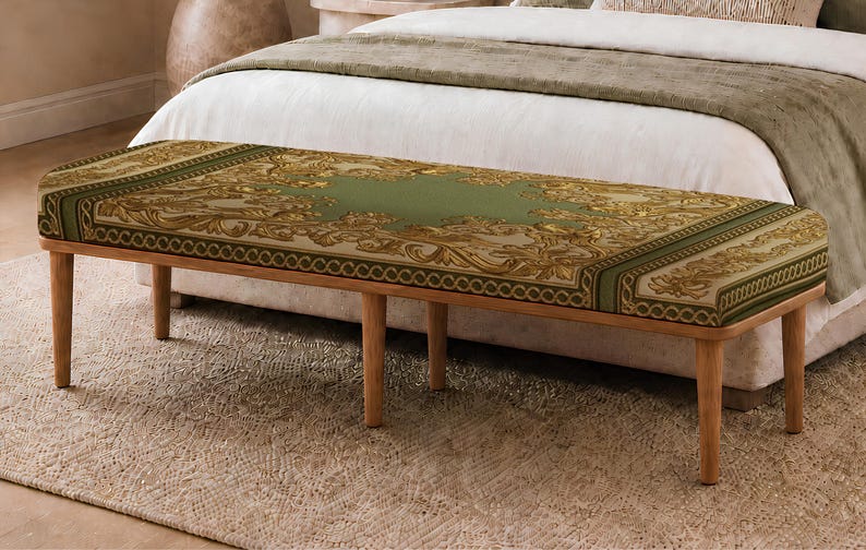 Patchwork pattern ottoman bench, perfect for guest room, summer porch, solid wood frame design afbeelding 9