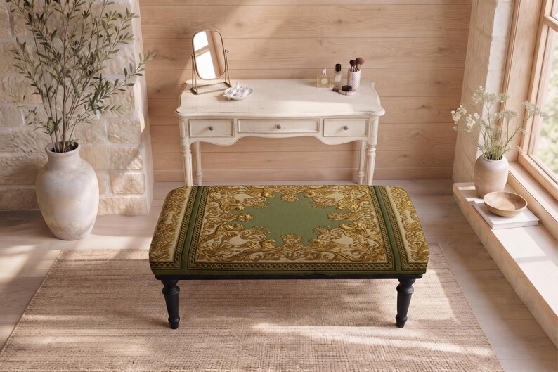 Patchwork pattern ottoman bench, perfect for guest room, summer porch, solid wood frame design afbeelding 10