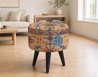 Handmade Kilim Ottoman, Boho Reading Nook Chair, Eco-Friendly Printed Fabric Pouf