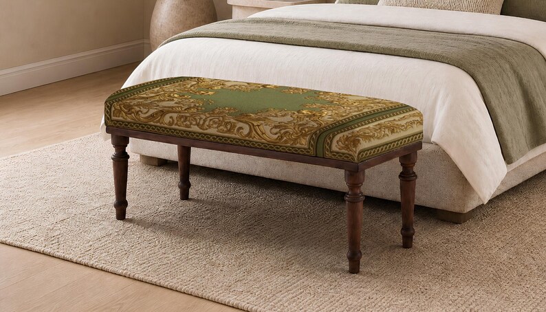 Patchwork pattern ottoman bench, perfect for guest room, summer porch, solid wood frame design afbeelding 7