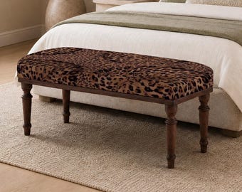 Bankje met Kilim-patroon, accentzitmeubel, milieuvriendelijke print, poef met houten poten