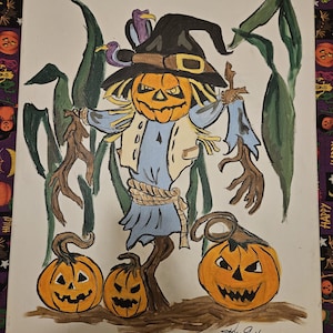 Pintura original de Halloween: "El guardián del maizal", espantapájaros de arte popular sobre lienzo.