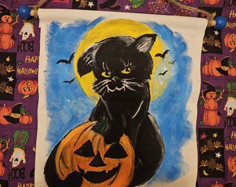 Original Hand-Painted Halloween Black Cat & Jack-o'-Lantern Canvas Scroll Banner