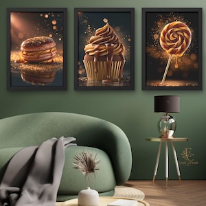 Peut inclure: Trois cadres muraux représentant un macaron au chocolat, un cupcake au chocolat avec un filet de caramel et une sucette tourbillonnante, sur un fond sombre avec des effets de lumière bokeh dorés et des surfaces réfléchissantes.