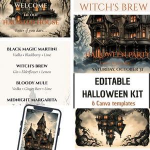 Editable Halloween Party Kit, Haunted House Invitation, Canva Party Bundle