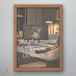 May include: A framed print featuring a desk with a shattered computer monitor and a wooden baseball bat resting on the surface. The text reads: Ma plus grande qualité: LA PATIENCE! The frame has a light brown wood grain finish and texture.