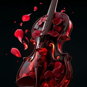 Peut inclure: Un violon rouge foncé translucide à la finition brillante, doté d'une lumière interne et de pétales de rose rouges dispersés flottant autour du corps. L'instrument possède un chevalet, des cordes et une mentonnière, avec le texte EmiCoPrint.