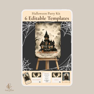 Peut inclure: Un kit de fête d'Halloween comprenant 6 modèles modifiables présentés sur un chevalet en bois. Le visuel central montre une maison hantée sombre à plusieurs étages avec des fenêtres éclairées, des arbres nus et des chauves-souris sous un ciel nuageux, avec le texte Welcome to our Haunted House. Enter if you dare.