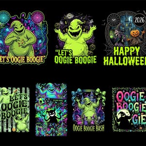 Puede incluir: Una colección de siete diseños gráficos que presentan al personaje Oogie Boogie de El Extraño Mundo de Jack. Las ilustraciones incluyen paletas de colores verde neón, morado y azul con texto como Let's Oogie Boogie, Happy Halloween 2026 y Oogie Boogie Bash, sobre un fondo negro.