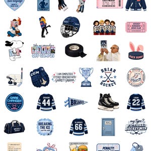 May include: A collection of hockey-themed stickers featuring various illustrations including jerseys with numbers 44, 22, and 66, hockey helmets, skates, gloves, a trophy, books, a duffel bag, a key, and text-based designs related to hockey romance novels.