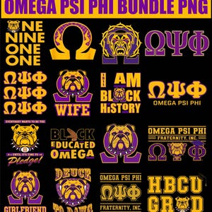 May include: A digital graphic collection featuring purple and gold Omega Psi Phi designs. The images include bulldog illustrations, Greek letters, and text such as 'OMEGA PSI PHI BUNDLE PNG', 'I AM BLACK HISTORY', 'HBCU GRAD', and 'DEUCE TO DAWG' on a black background.