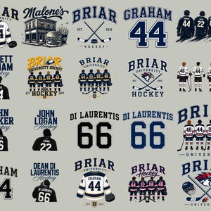 May include: A collection of Briar University hockey graphics featuring jerseys, player silhouettes with numbers 44, 22, 66, and 46, crossed hockey sticks, a puck, a burger, and team logos. The designs include text such as Briar University, Graham, Malone's, and Di Laurentis.