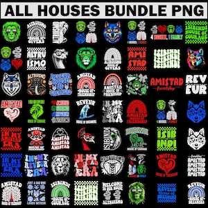May include: A digital collection of graphic designs featuring animal illustrations, rainbows, and text including 'ALL HOUSES BUNDLE PNG', 'ALTRUISMO', 'AMISTAD', 'ISIBINDI', and 'REVEUR'. The designs incorporate motifs of lions, snakes, wolves, and peacocks.