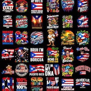 May include: A collection of thirty-five graphic designs featuring the Puerto Rican flag, tropical imagery, and text such as Puerto Rico, Boricua, and various slogans. The designs are arranged in a grid on a black background with vibrant colours.