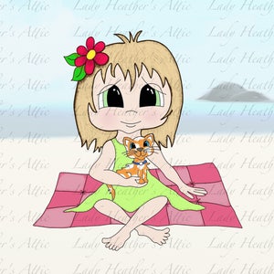 Little Girl On Picnic Blanket, Digi Print, Digital Download, Coloring Page, Scrapbooking