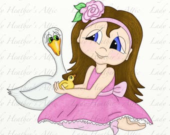 Little Girl with Duck, Coloring Page, Scrapbooking, Digi Stamp, Digital Download