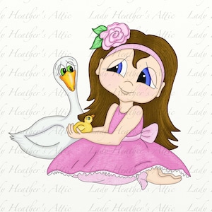 Little Girl with Duck, Coloring Page, Scrapbooking, Digi Stamp, Digital Download