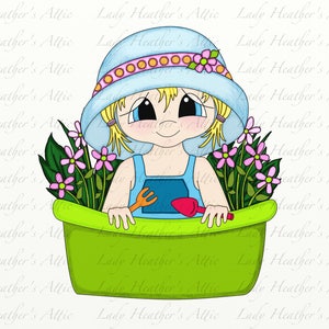 Little Gardening Girl, Digi Stamp, DigiPrint, Digital Download, Coloring Page Scrapbooking