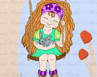 Petite fille avec animal lapin sur balançoire, Digi Stamp, DigiPrint, numérique Télécharger, coloriage, Scrapbooking