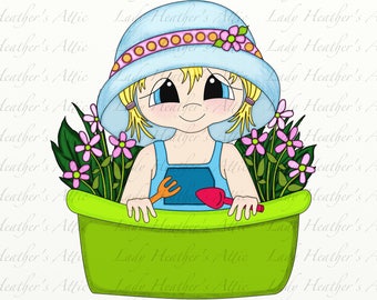 Petite fille de jardinage, Digi Stamp, DigiPrint, numérique Télécharger, Coloriage Page Scrapbooking