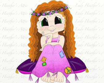 Little Hippy Flower Girl On a Pillow, Coloring Page, Scrapbooking, Digi Print, Digital Download