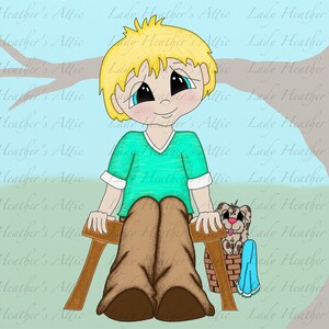 Boy Digi Print, Little Boy With Puppy, Stamp, DigiPrint, Digital Download, Coloring Page, Scrapbooking