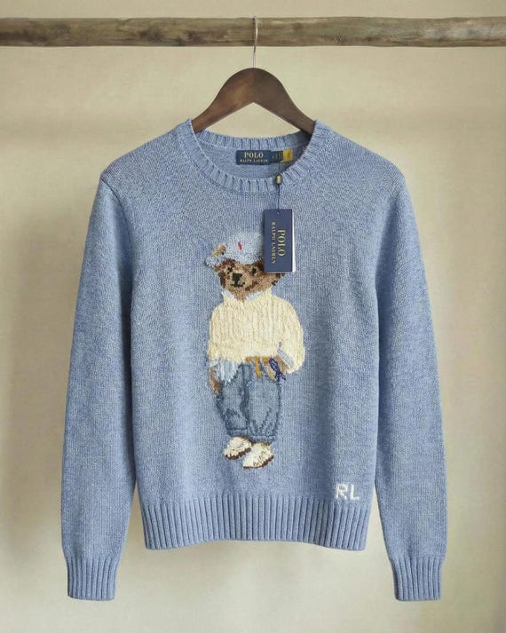 Authentic Ralph Lauren Sky Blue Polo Bear Knit Sweater | Vintage Old Money Jumper | Gift for Him & Her
