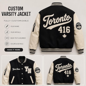 Peut inclure: Une veste universitaire noire et crème avec l'inscription Toronto et 416 au dos, une icône de feuille d'érable et un graphique de la tour CN sur la manche. Le devant affiche le texte Your Name, les initiales YN et un écusson Toronto 416.