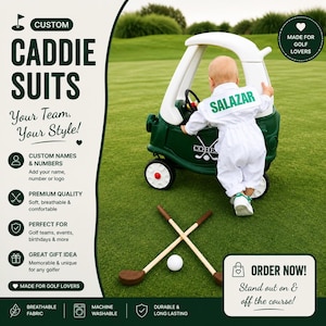 May include: A white long-sleeved jumpsuit with the name SALAZAR in green letters on the back, worn by a toddler pushing a dark green and white toy golf cart. Two wooden toy golf clubs are crossed on the ground next to a white golf ball.
