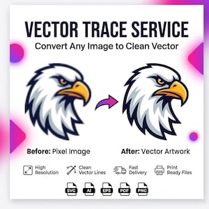 Op de afbeelding: Een grafische advertentie voor een vectoriseerservice met de tekst "VECTOR TRACE SERVICE" en "Convert Any Image to Clean Vector". Het toont een wazig icoon van een adelaarskop dat verandert in een scherp, strak vectoricoon.