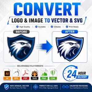Puede incluir: Un anuncio de servicio de diseño gráfico titulado CONVERT LOGO & IMAGE TO VECTOR & SVG. Muestra un logotipo de escudo de águila pixelado antes de la conversión y una versión vectorial nítida después, con iconos para formatos AI, EPS, PDF, SVG, PNG y CDR.