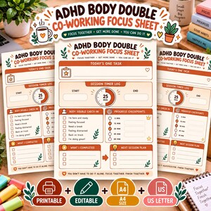 Body Doubling Session Planner, Task and Accountability Log, Editable Canva Printable