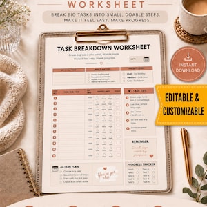 Task Breakdown Worksheet | ADHD Planner for Big Goals, Step by Step Action Plan, Energy Tracker | Editable Canva