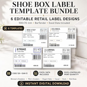 Puede incluir: Un paquete digital de seis plantillas editables para etiquetas de cajas de zapatos de 100x70 mm. El gráfico muestra cuatro etiquetas de muestra con códigos de barras, números SKU y tallas para varios calzados, junto con texto sobre compatibilidad.