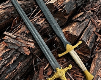 Hand Forged Damascus Steel Viking Sword, Ornate Gold Handle, Fantasy Collectible (39" Overall)