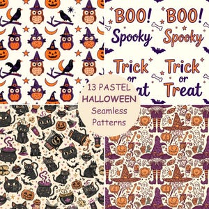 Op de afbeelding: Een collectie van vier naadloze Halloween-patronen met illustraties van uilen met heksenhoeden, pompoenen, zwarte katten, ketels, geesten en de tekst BOO, Spooky, Trick or Treat op een crèmekleurige achtergrond in oranje en paars.