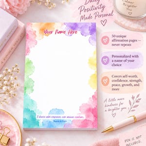 May include: A rectangular notepad featuring a white center bordered by a colorful watercolor wash in shades of orange, purple, yellow, pink, and blue. The text reads Your Name Here and I choose calm responses over anxious reactions. Peace & Calm.
