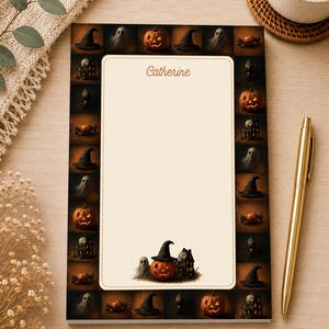 May include: A rectangular notepad with a cream-coloured centre and a border featuring Halloween motifs including pumpkins, ghosts, witches' hats, spiders, and houses. The name Catherine is printed at the top. A small label states PEN IS NOT INCLUDED.