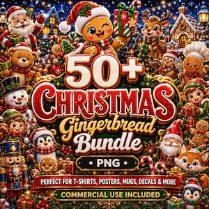 Può includere: Un pacchetto grafico digitale con il testo 50+ CHRISTMAS Gingerbread Bundle PNG. Il design include illustrazioni di Babbo Natale, un omino di pan di zenzero, una renna, un pupazzo di neve, uno schiaccianoci, pinguini ed elfi natalizi.