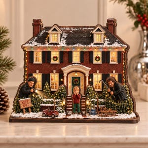 May include: A miniature brick house with a snow-covered roof, illuminated windows, and string lights. A child stands at the front door with hands on cheeks. Two figures are in the bushes, one holding a torch and a sign reading KEEP OUT.