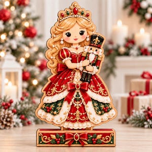 Peut inclure: Une décoration en bois découpé représentant un personnage blond portant une robe rouge et verte avec une couronne, tenant une petite figurine de casse-noisette. La base est rectangulaire et ornée de nœuds rouges, de houx et de motifs dorés.