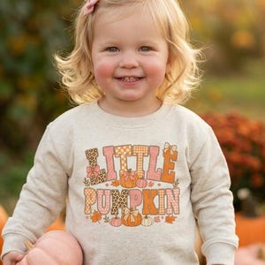 Sudadera infantil Little Pumpkin, estampado de patchwork simulado, cuello redondo en color gris jaspeado natural o rosa, tallas 2T-7T.