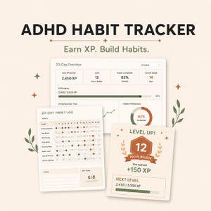 Rastreador de hábitos gamificado para TDAH, panel de recompensas XP, planificador de 30 días, descarga en PDF y Excel imprimible