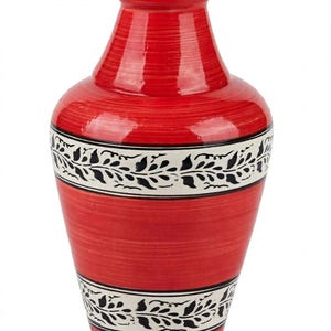 Duży czerwony ceramiczny wazon podłogowy, wysoki, ręcznie robiony wazon na kwiaty z czarno-białym wzorem plemiennym, dekoracyjna duża donica podłogowa do salonu i przedpokoju